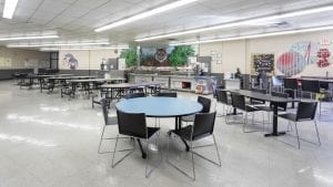 Cafeteria Tables and chairs with attached stools in school