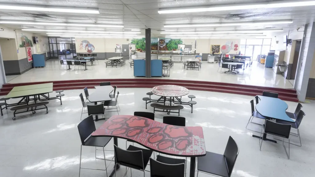 Cafeteria Tables attached stools in school