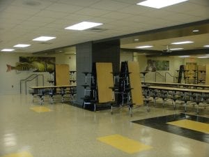 Cafeteria folding Tables attached stools in school
