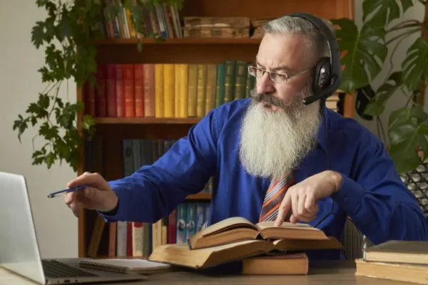 Conferencing with a headset microphone.