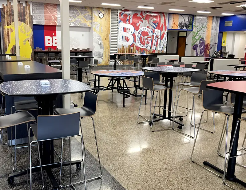 cafeteria with tables and chairs