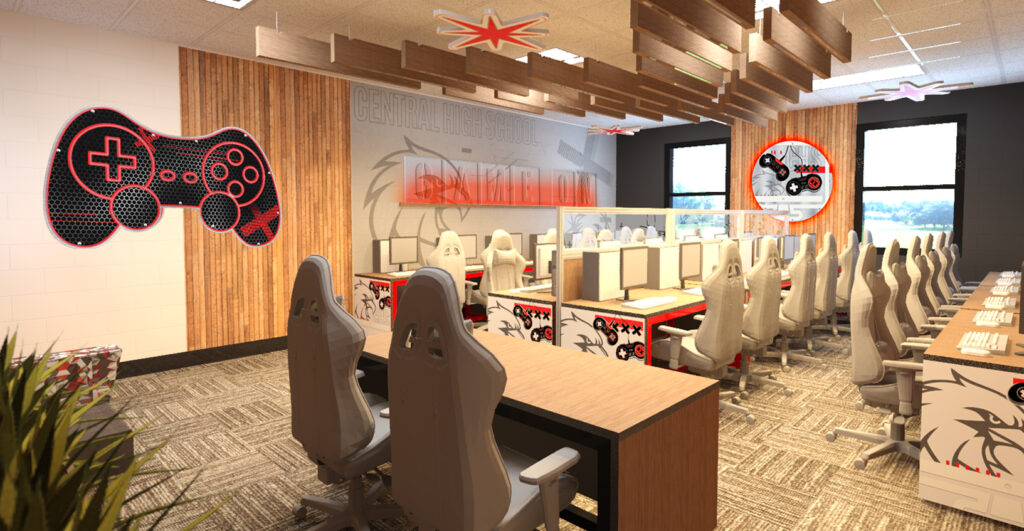 eSports room with gaming chairs and tables